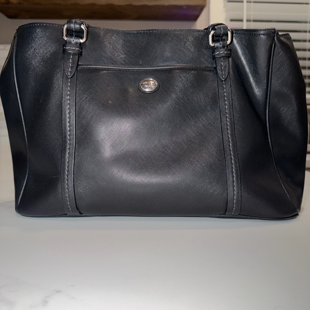 Classic Black Leather Coach Tote Bag